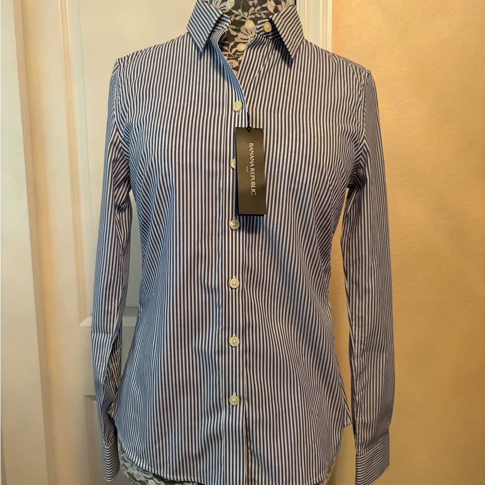 NWT Banana Republic Non-iron Button-down Long Sleeve Shirt Blue Stripes 2P
